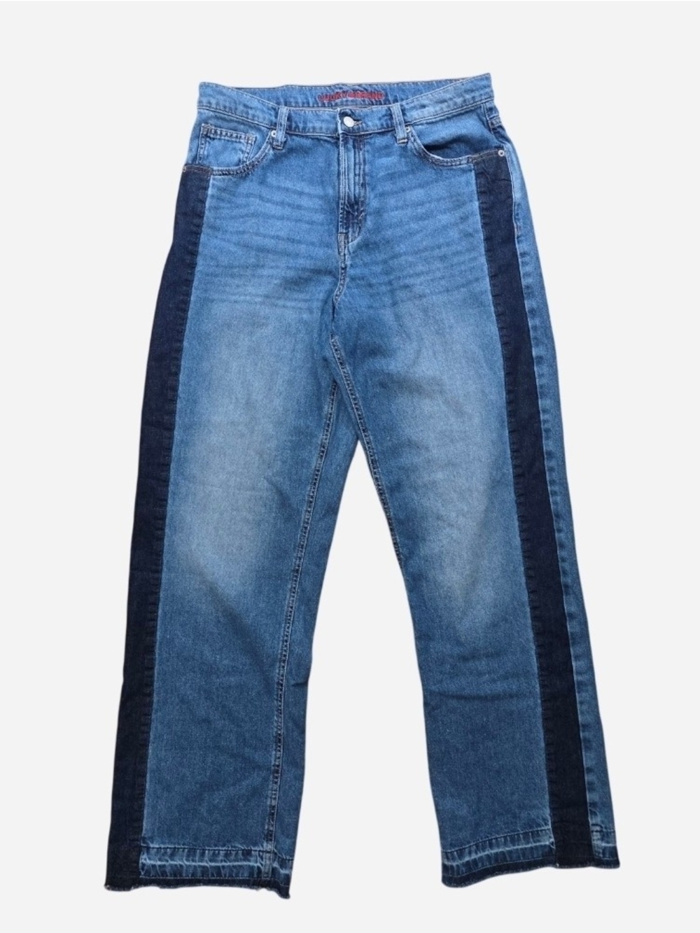 Lucky High Rise Relaxed Wide Leg Jeans, Two Tone Side Stripe Raw Hem, 12/31 Tall